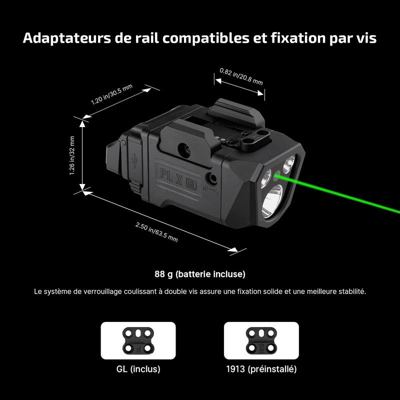 Olight PL X GL - Lampe d'arme tactique 1200 lumens à laser vert et double faisceau