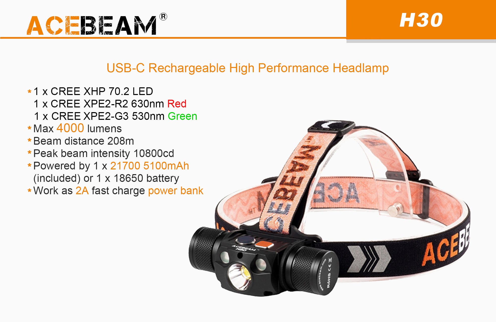 Lampe frontale LED AceBeam H16 avec 650 lumens maximum, blanc neutre 5 000  K avec boîtier orange, avec batterie Li-Ion 14 500, Lampes frontales, Éclairage, Leds & Lampes de poche