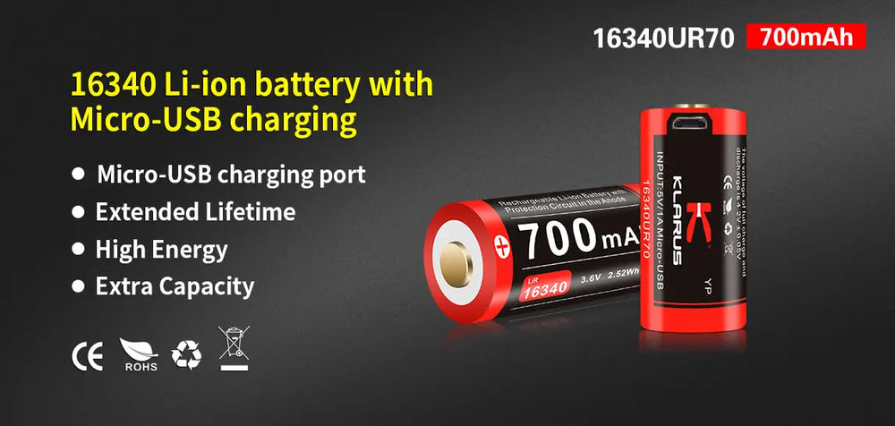 Batterie Klarus 16340UR70 Rechargeable Micro-USB - 700mAh 3.7V protégée Li-ion - NYCTALOPE