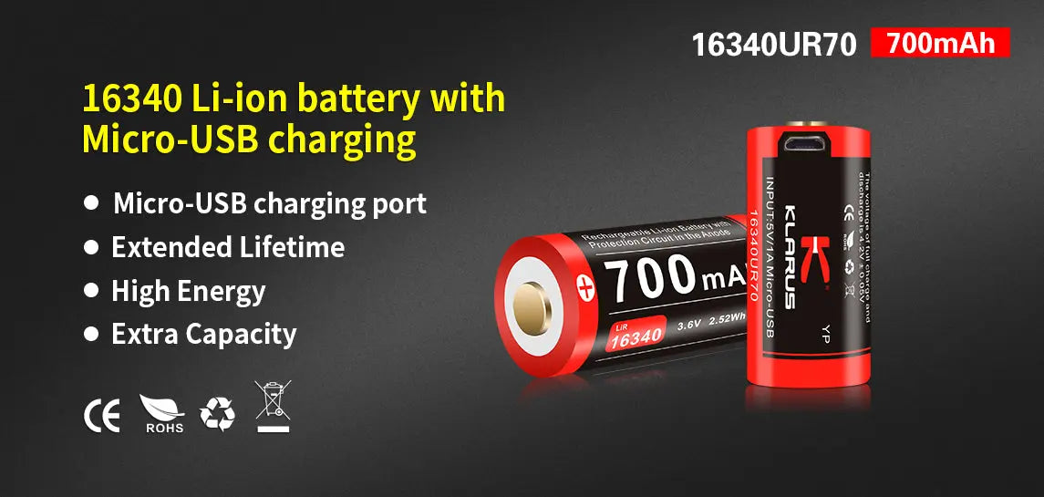 Batterie Klarus 16340UR70 Rechargeable Micro-USB - 700mAh 3.7V protégée Li-ion - NYCTALOPE