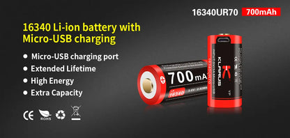 Batterie Klarus 16340UR70 Rechargeable Micro-USB - 700mAh 3.7V protégée Li-ion - NYCTALOPE