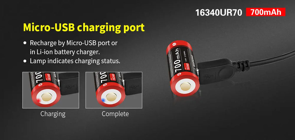 Batterie Klarus 16340UR70 Rechargeable Micro-USB - 700mAh 3.7V protégée Li-ion - NYCTALOPE