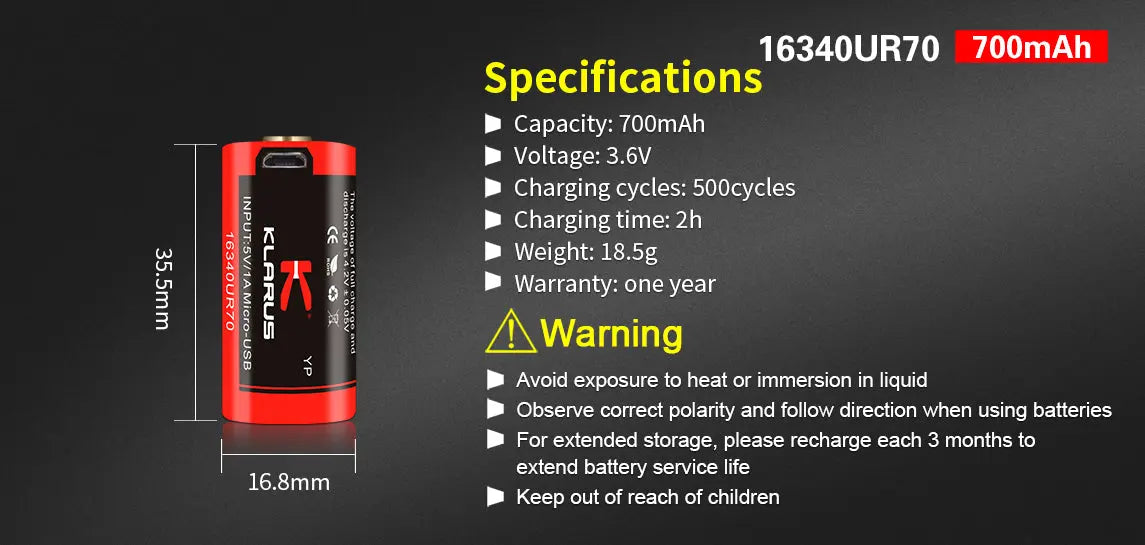 Batterie Klarus 16340UR70 Rechargeable Micro-USB - 700mAh 3.7V protégée Li-ion - NYCTALOPE