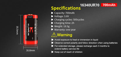 Batterie Klarus 16340UR70 Rechargeable Micro-USB - 700mAh 3.7V protégée Li-ion - NYCTALOPE