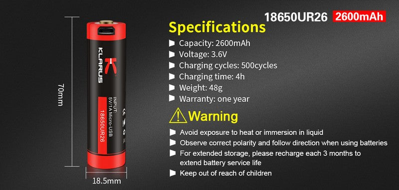 Batterie Klarus 18650 Rechargeable Micro-USB – 2600mAh 3.6V protégée Li-ion - NYCTALOPE