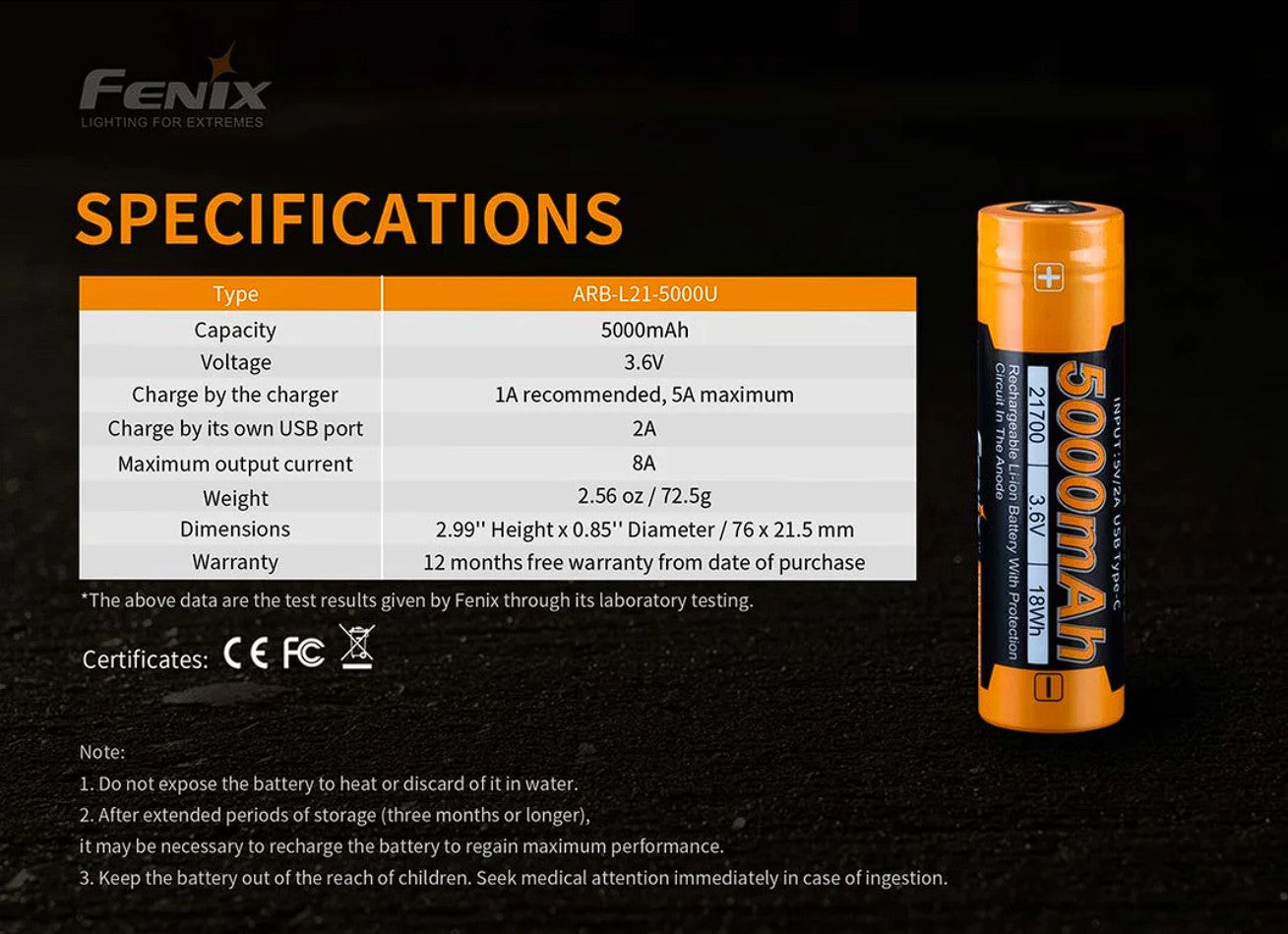 Batterie Fenix 21700 rechargeable – 5000 mAh 3.6V protégée Li-ion