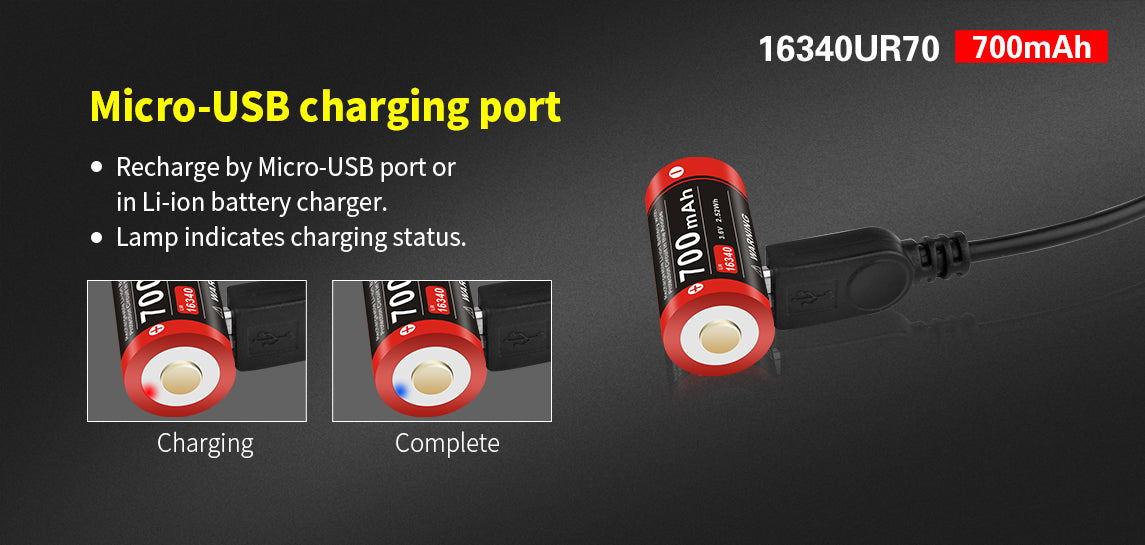 Batterie Klarus 16340UR70 Rechargeable Micro-USB - 700mAh 3.7V protégée Li-ion - NYCTALOPE