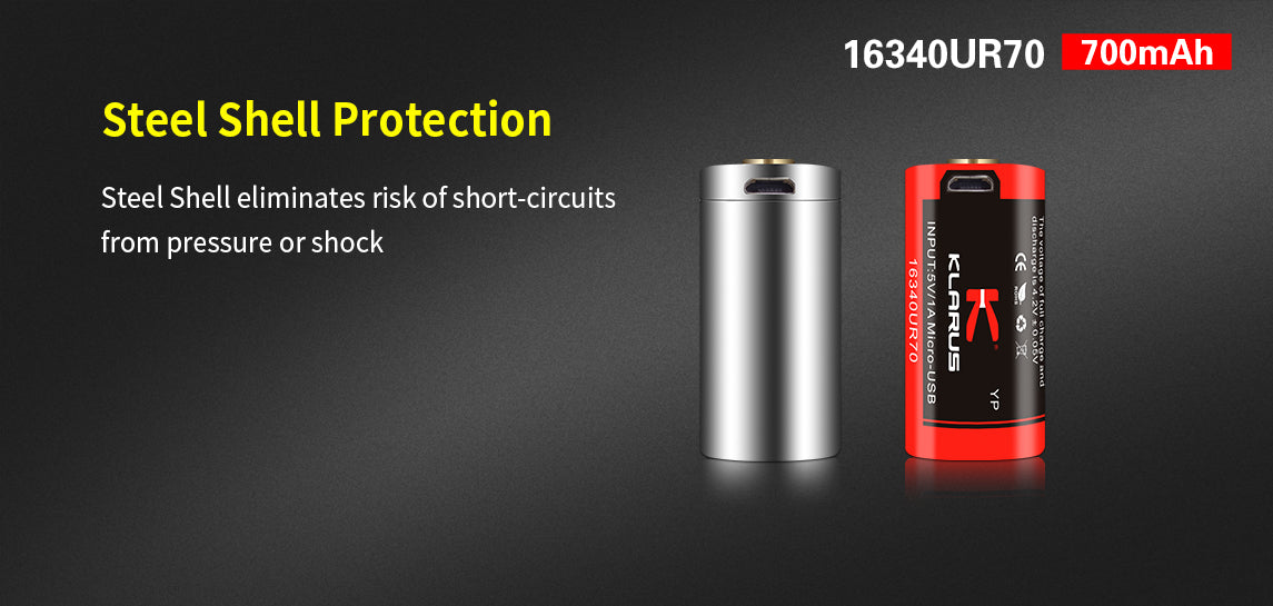 Batterie Klarus 16340UR70 Rechargeable Micro-USB - 700mAh 3.7V protégée Li-ion - NYCTALOPE