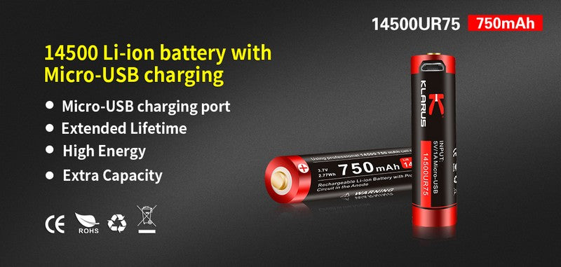 Batterie Klarus 14500 Rechargeable Micro-USB – 750mAh 3.6V protégée Li-ion - NYCTALOPE