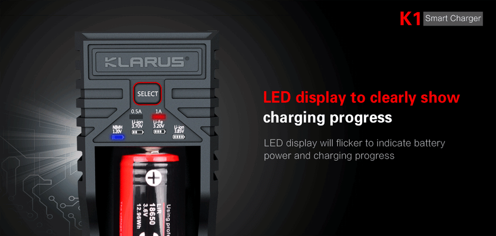 Chargeur Klarus K1 USB 1 baie 18650 Li-ion, Ni-MH, Ni-Cd et LiFePO4 - NYCTALOPE