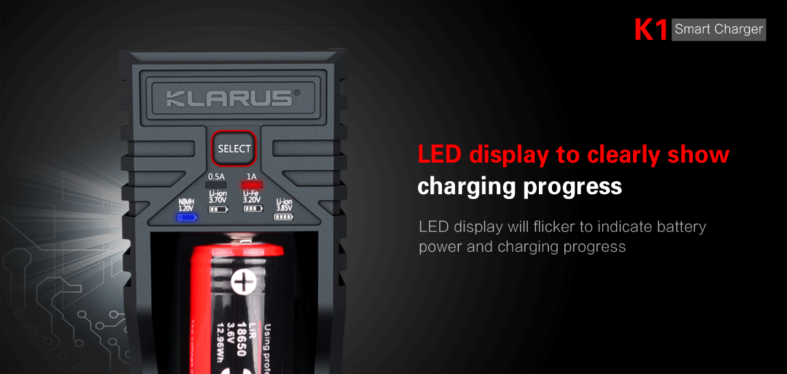 Chargeur Klarus K1 USB 1 baie 18650 Li-ion, Ni-MH, Ni-Cd et LiFePO4 - NYCTALOPE