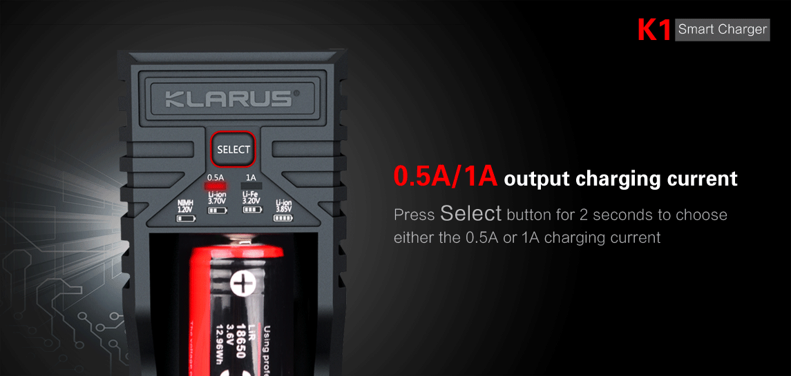 Chargeur Klarus K1 USB 1 baie 18650 Li-ion, Ni-MH, Ni-Cd et LiFePO4 - NYCTALOPE