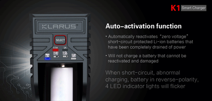 Chargeur Klarus K1 USB 1 baie 18650 Li-ion, Ni-MH, Ni-Cd et LiFePO4 - NYCTALOPE