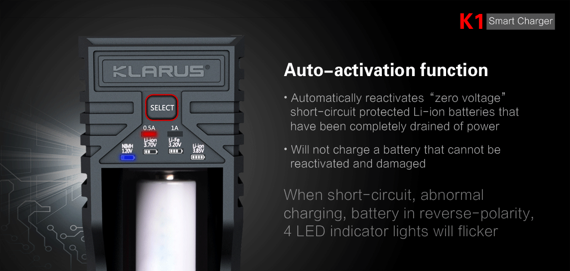 Chargeur Klarus K1 USB 1 baie 18650 Li-ion, Ni-MH, Ni-Cd et LiFePO4 - NYCTALOPE