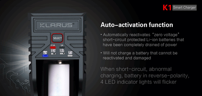 Chargeur Klarus K1 USB 1 baie 18650 Li-ion, Ni-MH, Ni-Cd et LiFePO4 - NYCTALOPE