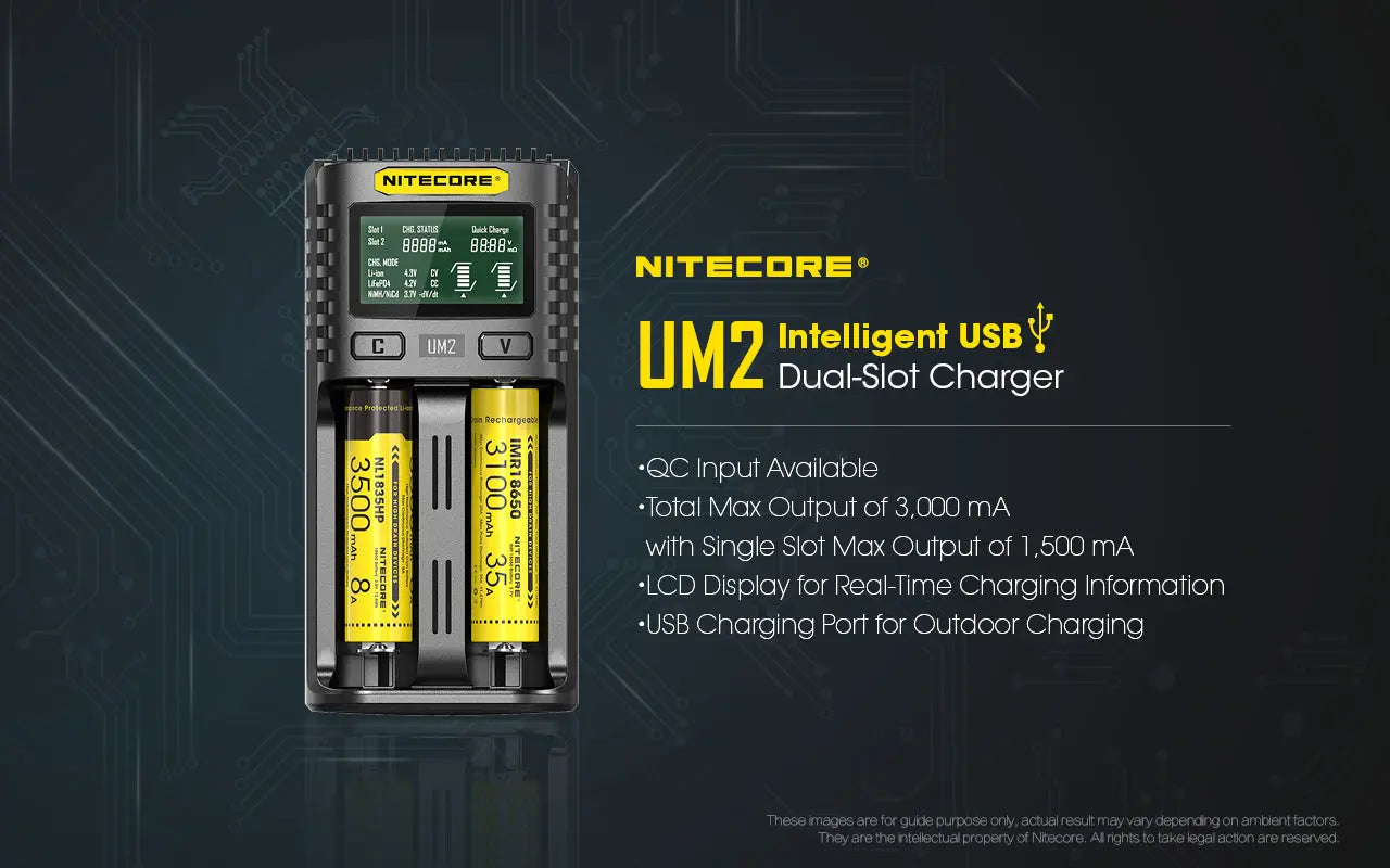 Chargeur Nitecore Intelligent USB UM2 pour batteries Li-ion, IMR, LifePO4, Ni-MH, Ni-Cd  NYCTALOPE  