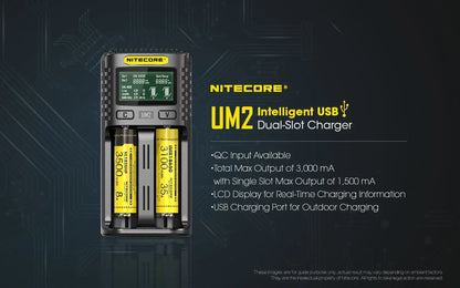 Chargeur Nitecore Intelligent USB UM2 pour batteries Li-ion, IMR, LifePO4, Ni-MH, Ni-Cd  NYCTALOPE  