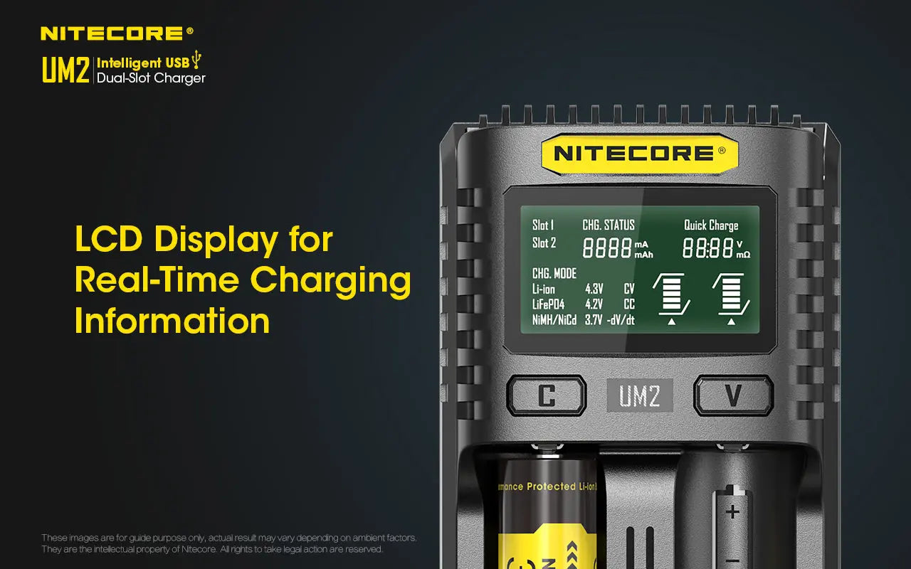 Chargeur Nitecore Intelligent USB UM2 pour batteries Li-ion, IMR, LifePO4, Ni-MH, Ni-Cd  NYCTALOPE  
