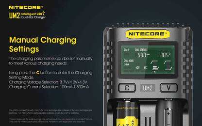 Chargeur Nitecore Intelligent USB UM2 pour batteries Li-ion, IMR, LifePO4, Ni-MH, Ni-Cd  NYCTALOPE  