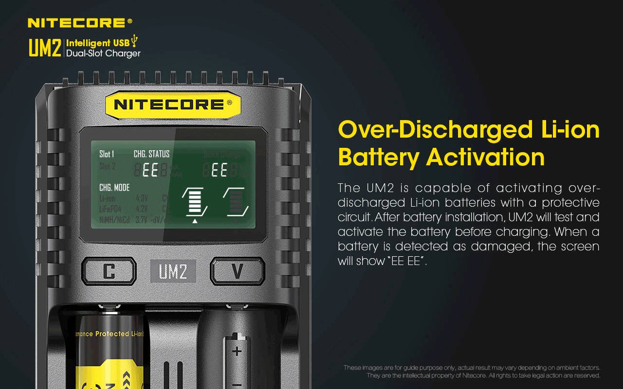 Chargeur Nitecore Intelligent USB UM2 pour batteries Li-ion, IMR, LifePO4, Ni-MH, Ni-Cd  NYCTALOPE  