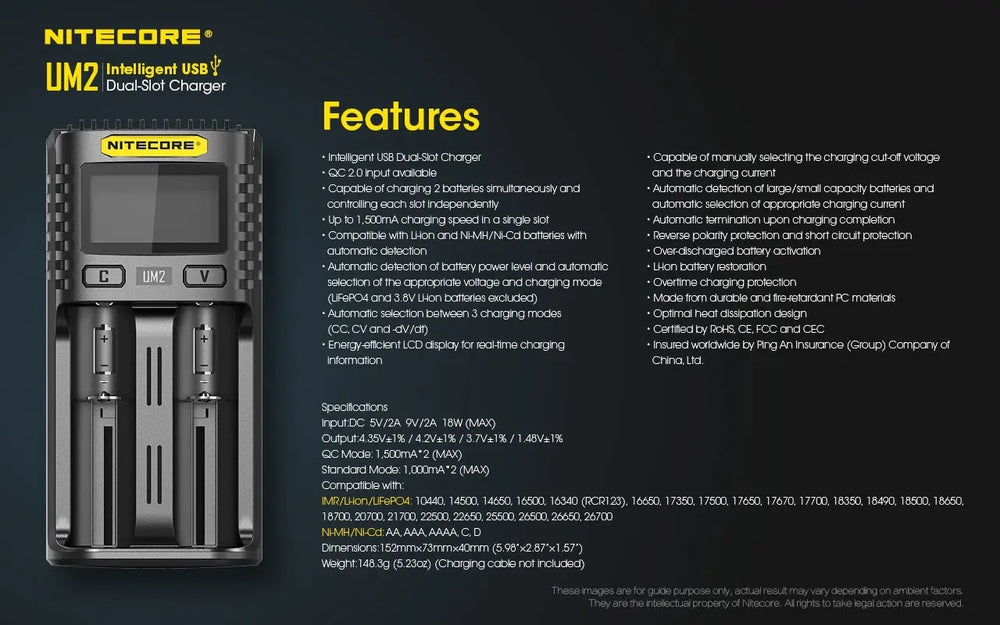 Chargeur Nitecore Intelligent USB UM2 pour batteries Li-ion, IMR, LifePO4, Ni-MH, Ni-Cd  NYCTALOPE  