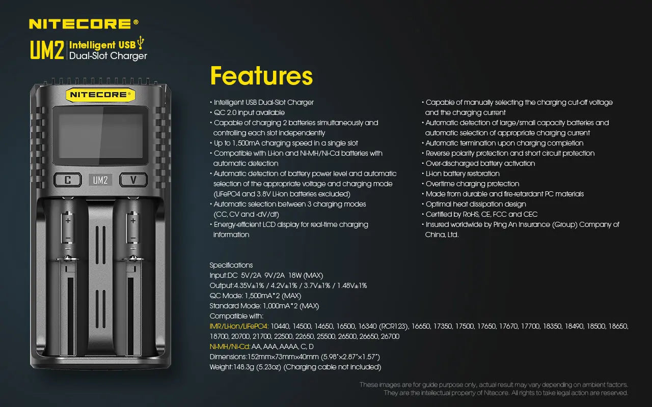 Chargeur Nitecore Intelligent USB UM2 pour batteries Li-ion, IMR, LifePO4, Ni-MH, Ni-Cd  NYCTALOPE  