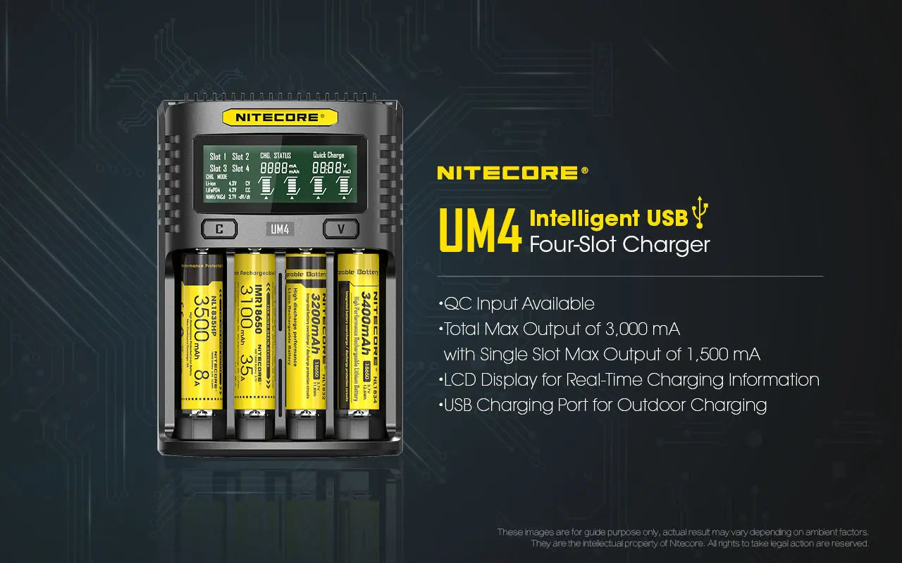 Chargeur Nitecore Intelligent USB UM4 pour batteries Li-ion, IMR, LifePO4, Ni-MH, Ni-Cd  NYCTALOPE  