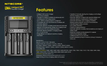 Chargeur Nitecore Intelligent USB UM4 pour batteries Li-ion, IMR, LifePO4, Ni-MH, Ni-Cd  NYCTALOPE  