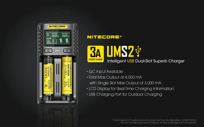 Chargeur Nitecore UMS2 pour batteries li-ion, IMR, LiFePO4, Ni-MH, Ni-Cd  NYCTALOPE  