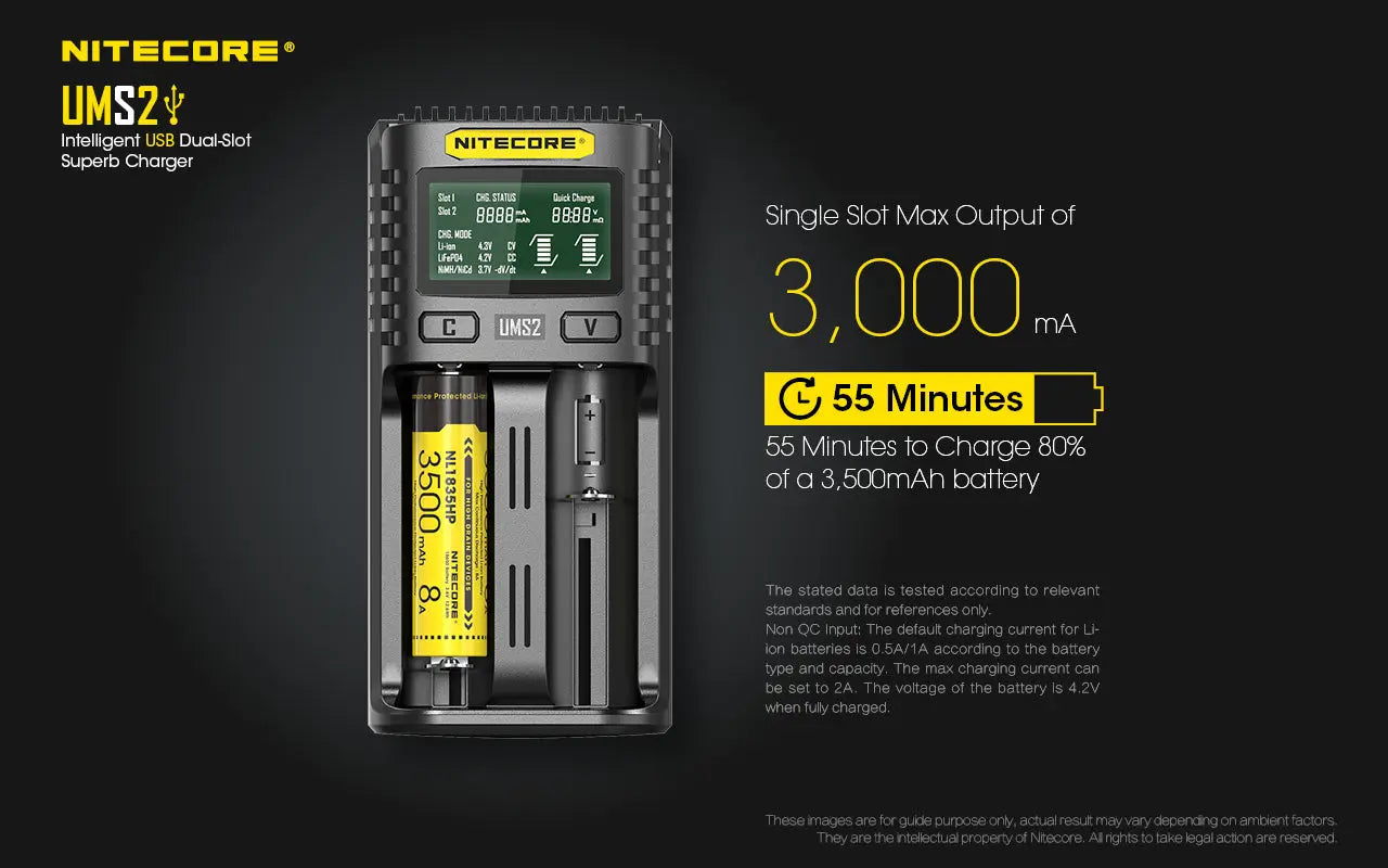 Chargeur Nitecore UMS2 pour batteries li-ion, IMR, LiFePO4, Ni-MH, Ni-Cd  NYCTALOPE  