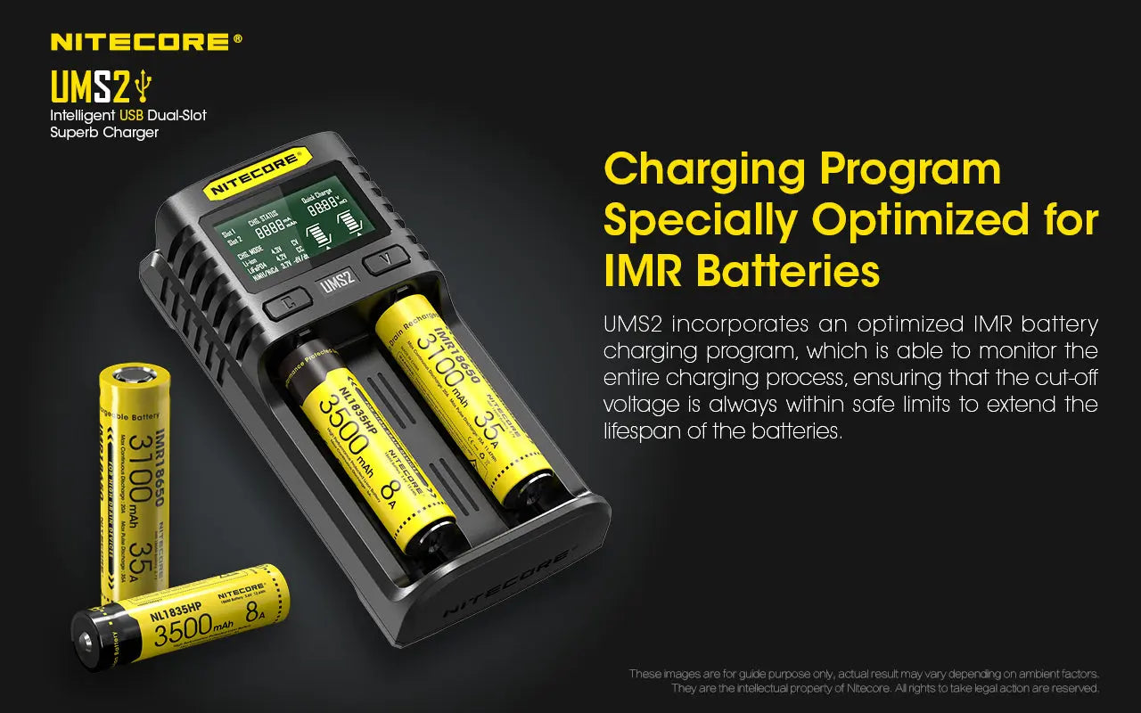 Chargeur Nitecore UMS2 pour batteries li-ion, IMR, LiFePO4, Ni-MH, Ni-Cd  NYCTALOPE  