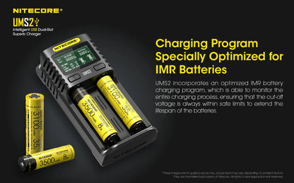 Chargeur Nitecore UMS2 pour batteries li-ion, IMR, LiFePO4, Ni-MH, Ni-Cd  NYCTALOPE  