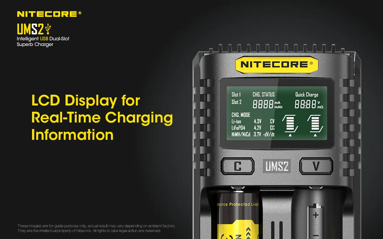 Chargeur Nitecore UMS2 pour batteries li-ion, IMR, LiFePO4, Ni-MH, Ni-Cd  NYCTALOPE  