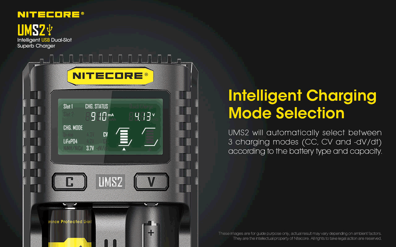 Chargeur Nitecore UMS2 pour batteries li-ion, IMR, LiFePO4, Ni-MH, Ni-Cd  NYCTALOPE  