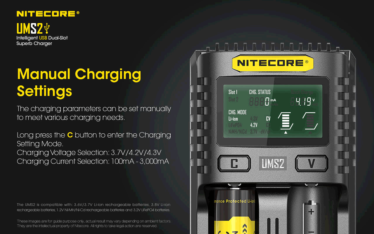 Chargeur Nitecore UMS2 pour batteries li-ion, IMR, LiFePO4, Ni-MH, Ni-Cd  NYCTALOPE  