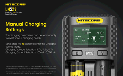Chargeur Nitecore UMS2 pour batteries li-ion, IMR, LiFePO4, Ni-MH, Ni-Cd  NYCTALOPE  