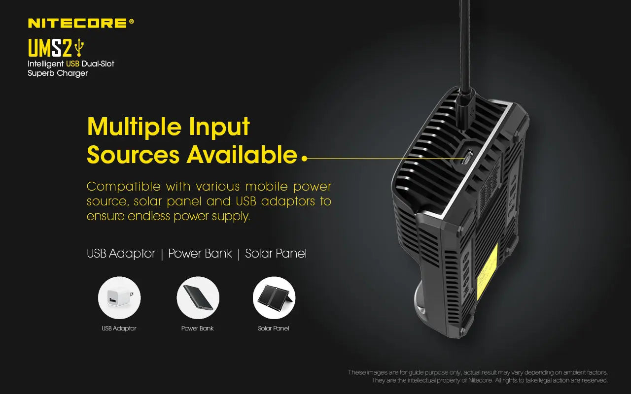 Chargeur Nitecore UMS2 pour batteries li-ion, IMR, LiFePO4, Ni-MH, Ni-Cd  NYCTALOPE  