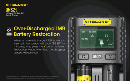 Chargeur Nitecore UMS2 pour batteries li-ion, IMR, LiFePO4, Ni-MH, Ni-Cd  NYCTALOPE  