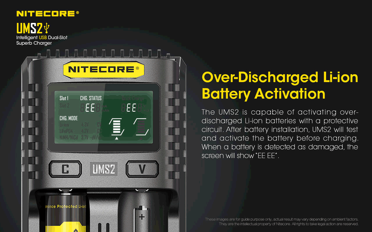 Chargeur Nitecore UMS2 pour batteries li-ion, IMR, LiFePO4, Ni-MH, Ni-Cd  NYCTALOPE  