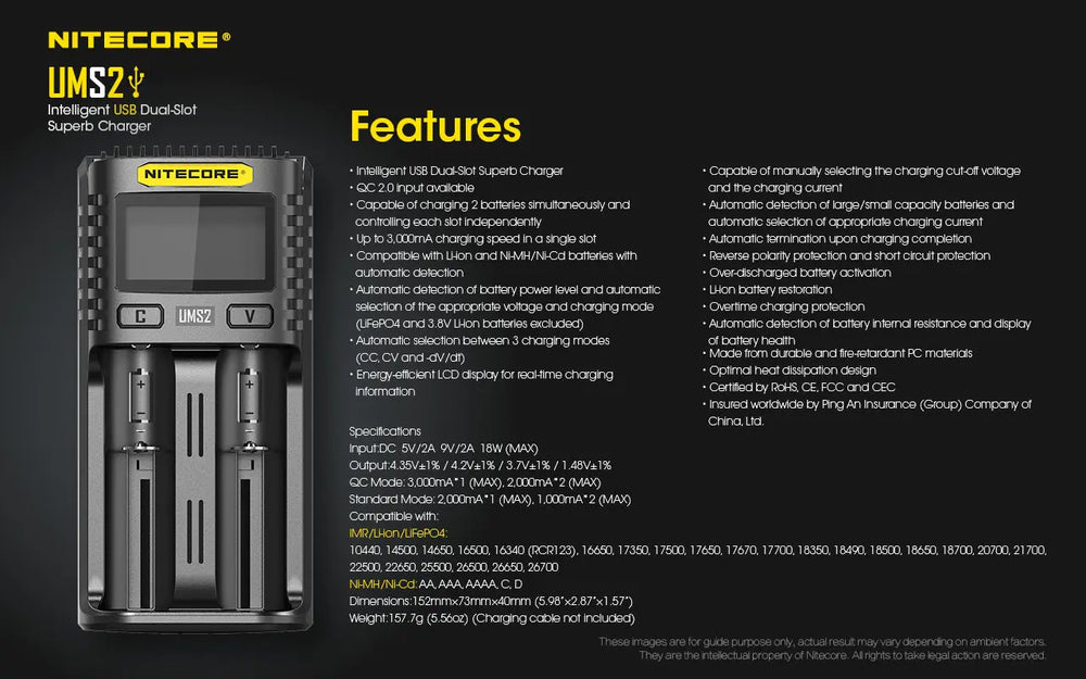 Chargeur Nitecore UMS2 pour batteries li-ion, IMR, LiFePO4, Ni-MH, Ni-Cd  NYCTALOPE  