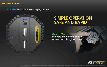 Chargeur de voiture Nitecore V2 pour batteries Li-ion/IMR  NYCTALOPE  