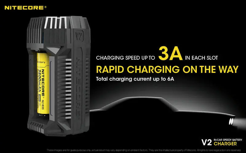 Chargeur de voiture Nitecore V2 pour batteries Li-ion/IMR  NYCTALOPE  