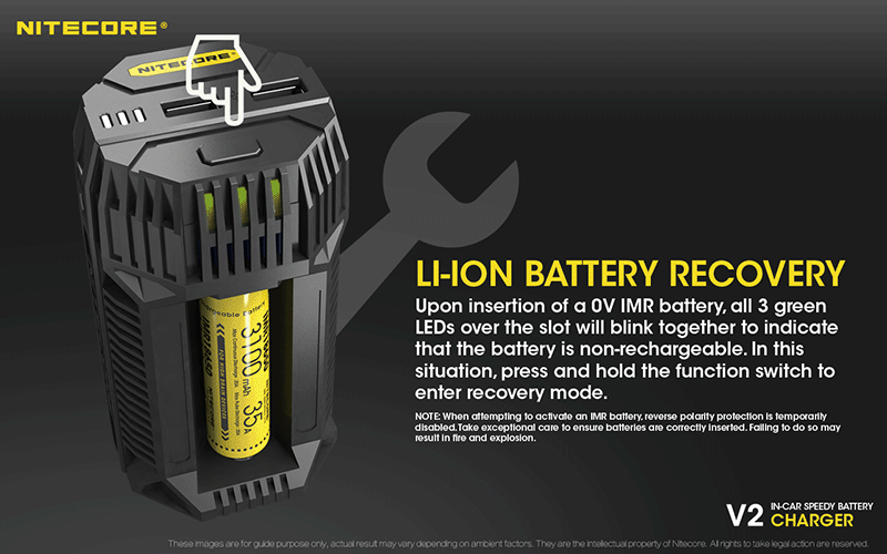Chargeur de voiture Nitecore V2 pour batteries Li-ion/IMR  NYCTALOPE  