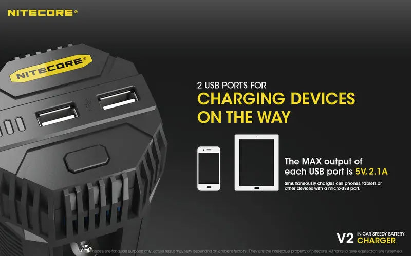 Chargeur de voiture Nitecore V2 pour batteries Li-ion/IMR  NYCTALOPE  