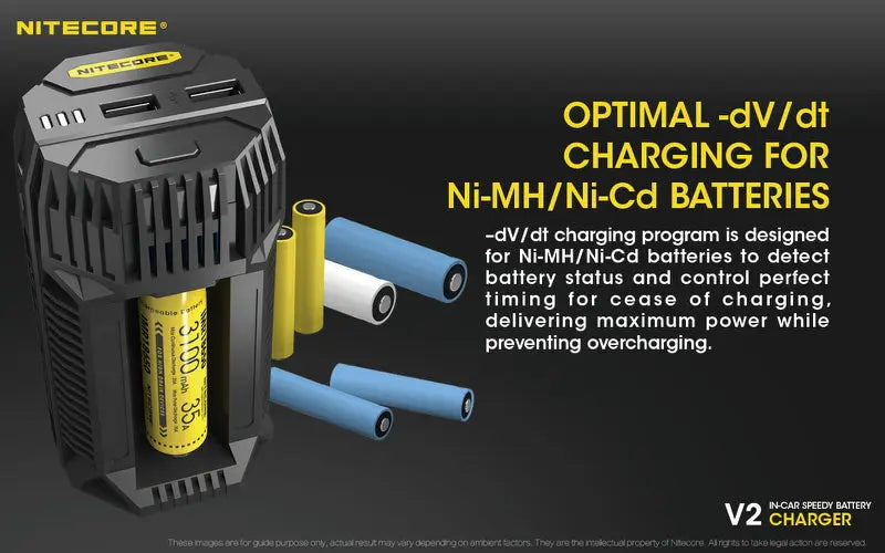 Chargeur de voiture Nitecore V2 pour batteries Li-ion/IMR  NYCTALOPE  
