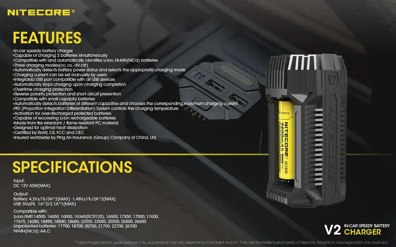 Chargeur de voiture Nitecore V2 pour batteries Li-ion/IMR  NYCTALOPE  