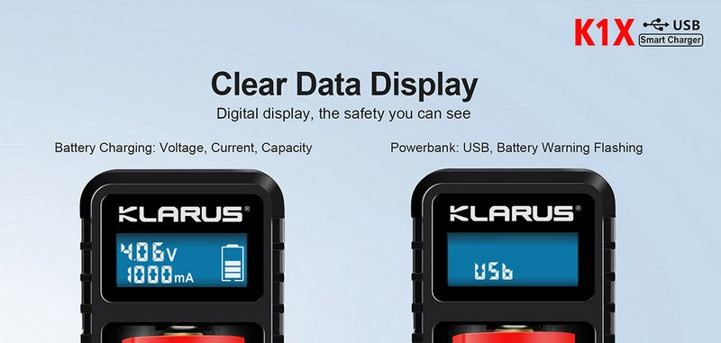 Chargeur Klarus Smart Charger K1X pour batteries Li-ion, NIMH et Ni-Cd