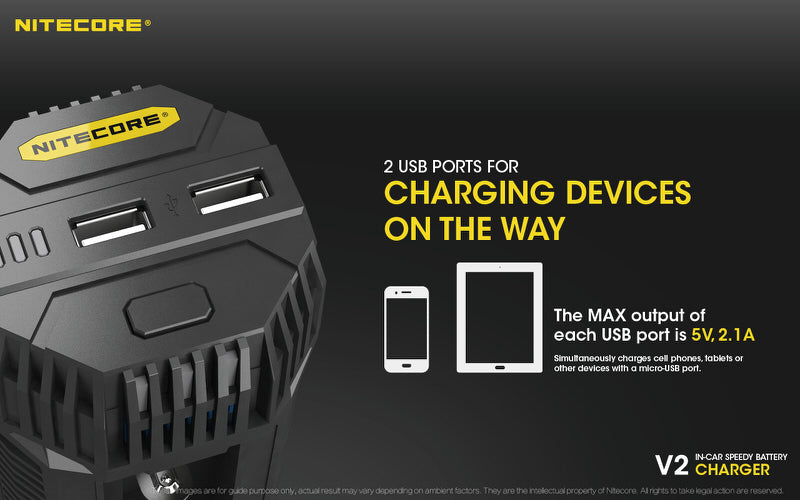 Chargeur de voiture Nitecore V2 pour batteries Li-ion/IMR  NYCTALOPE  