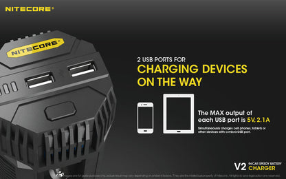 Chargeur de voiture Nitecore V2 pour batteries Li-ion/IMR  NYCTALOPE  