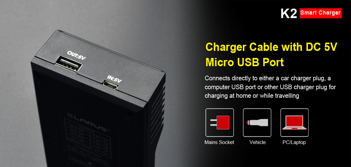 Chargeur Klarus K2 USB, 2 baies Powerbank Li-ion, Ni-MH, Ni-Cd et LiFePO4 - NYCTALOPE